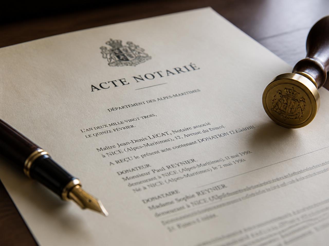 Notariële akte met vulpen en zegelstempel op een bureau